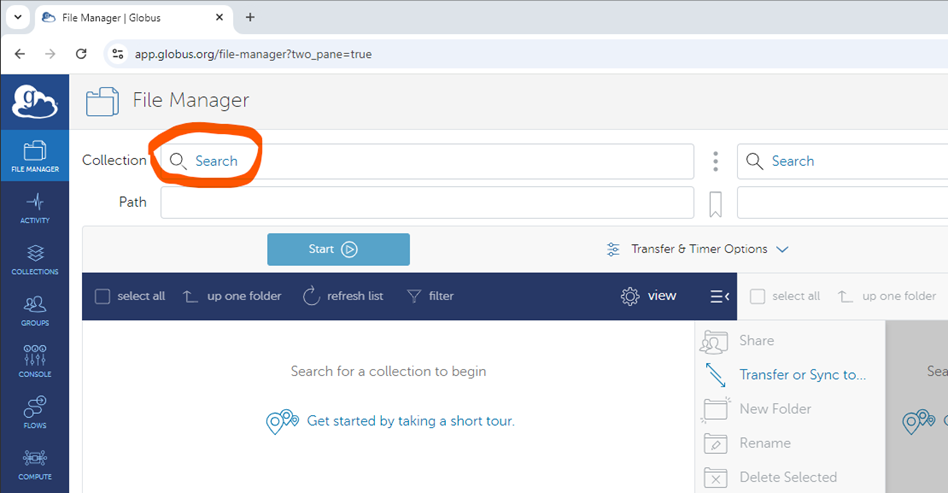 Globus File Manager Collection Search Button