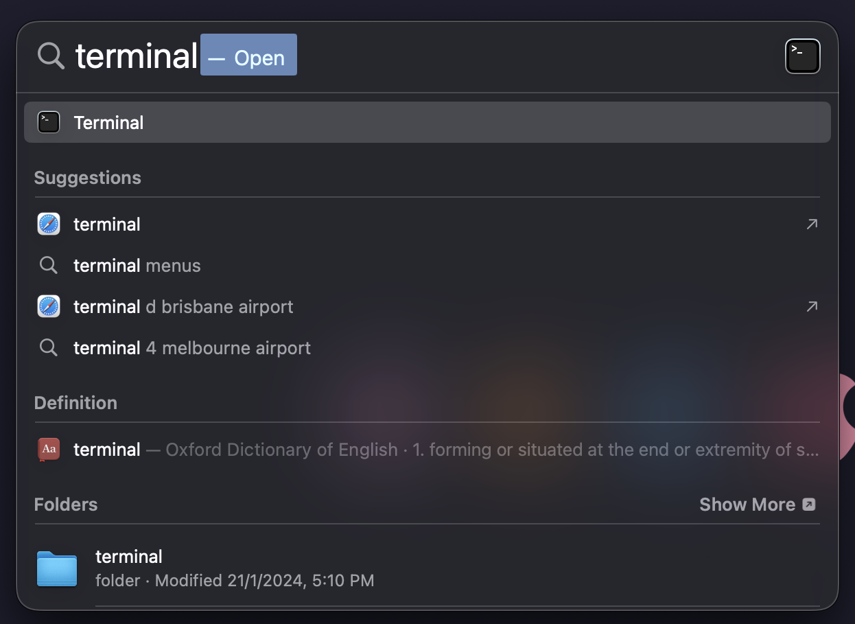 MacOS Terminal Spotlight